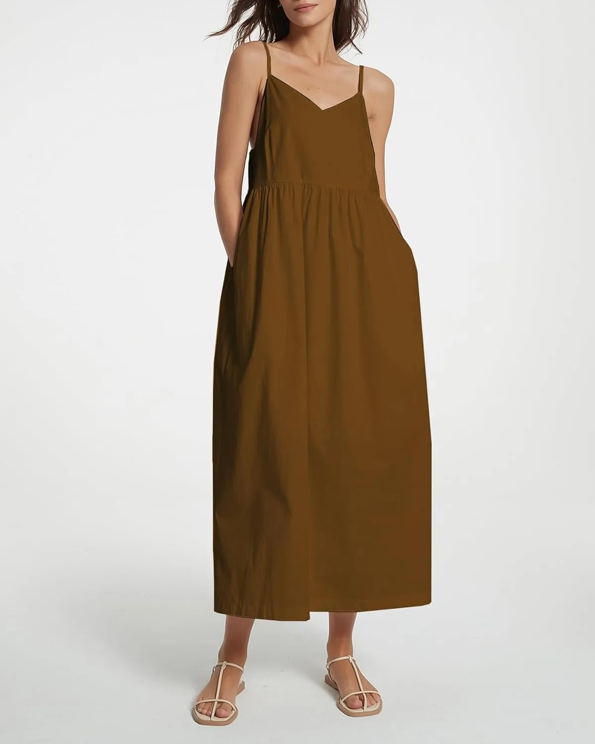 Spaghetti Strap Maxi Dress for Women Sleeveless V Neck Summer Flowy Cami Dress Beach Long Dresses with Pockets