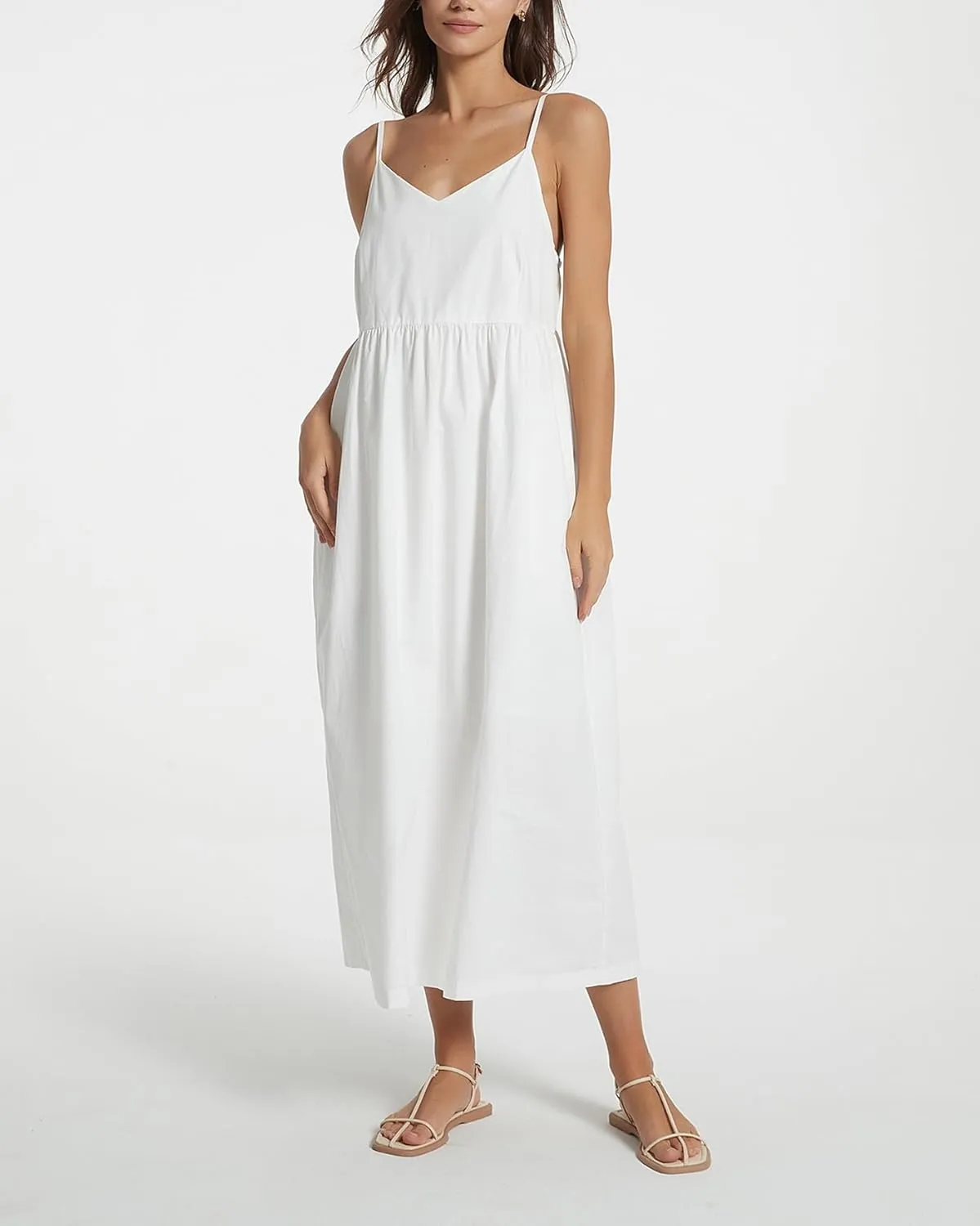 Spaghetti Strap Maxi Dress for Women Sleeveless V Neck Summer Flowy Cami Dress Beach Long Dresses with Pockets