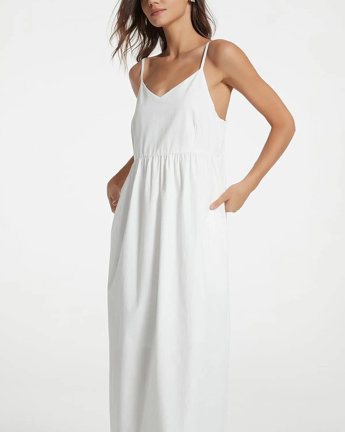 Spaghetti Strap Maxi Dress for Women Sleeveless V Neck Summer Flowy Cami Dress Beach Long Dresses with Pockets