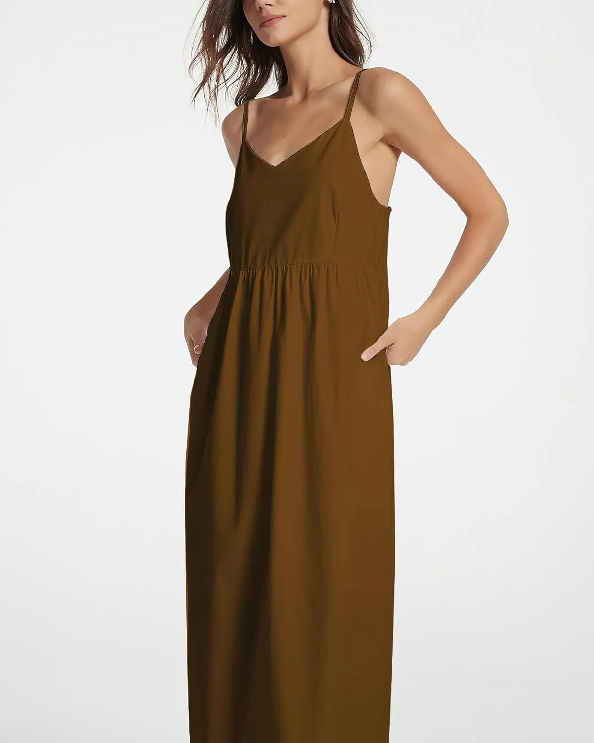 Spaghetti Strap Maxi Dress for Women Sleeveless V Neck Summer Flowy Cami Dress Beach Long Dresses with Pockets