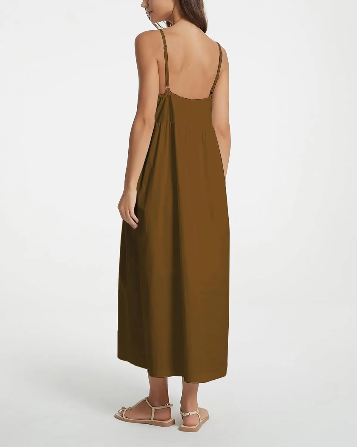 Spaghetti Strap Maxi Dress for Women Sleeveless V Neck Summer Flowy Cami Dress Beach Long Dresses with Pockets