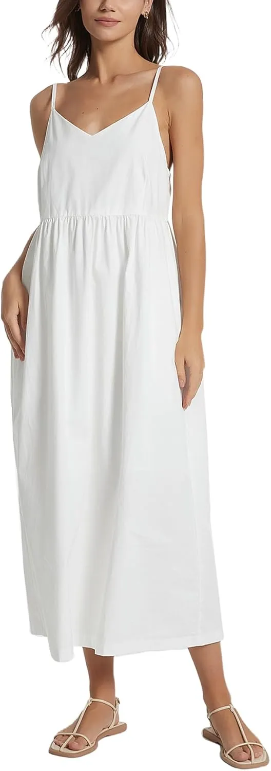Spaghetti Strap Maxi Dress for Women Sleeveless V Neck Summer Flowy Cami Dress Beach Long Dresses with Pockets