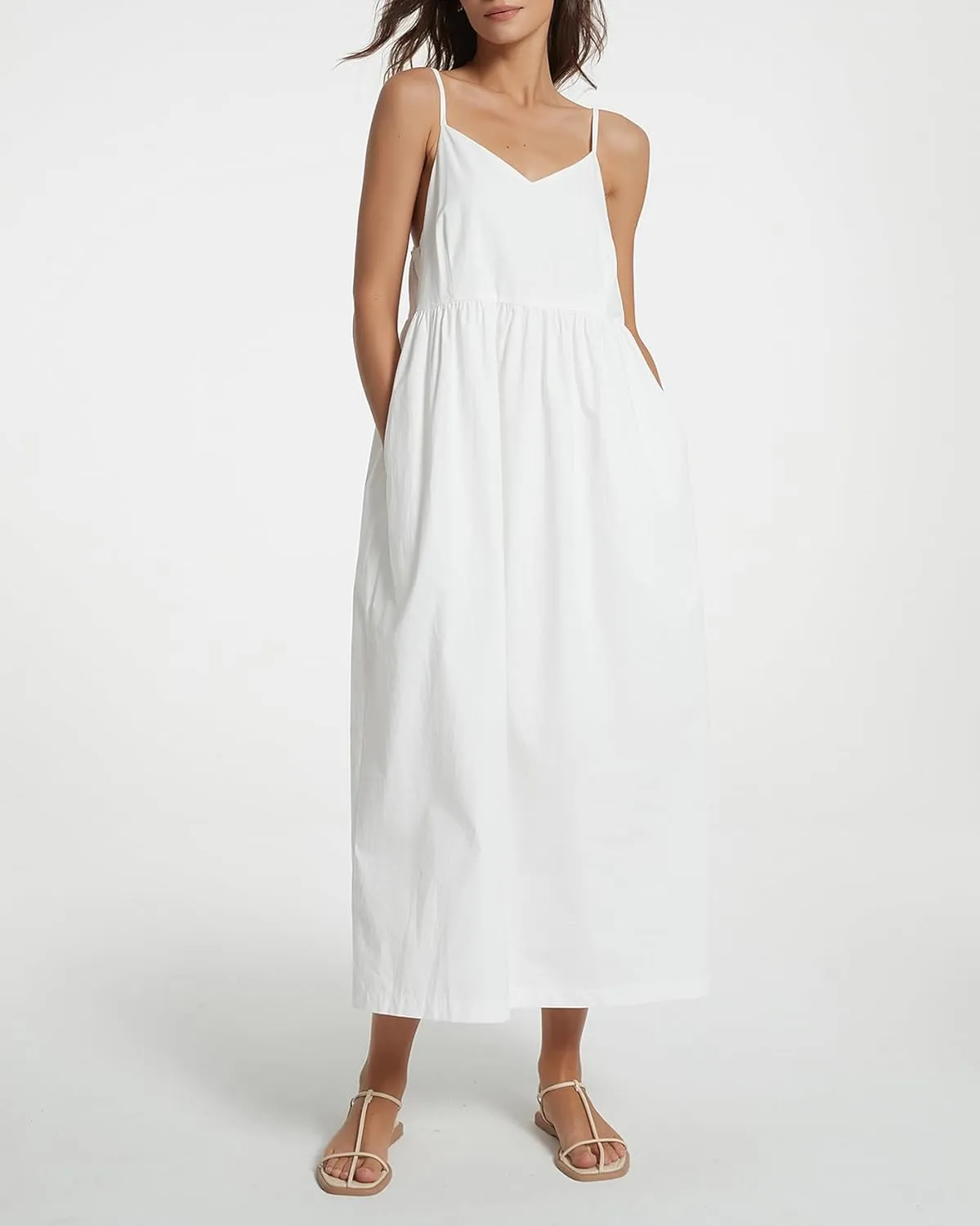 Spaghetti Strap Maxi Dress for Women Sleeveless V Neck Summer Flowy Cami Dress Beach Long Dresses with Pockets