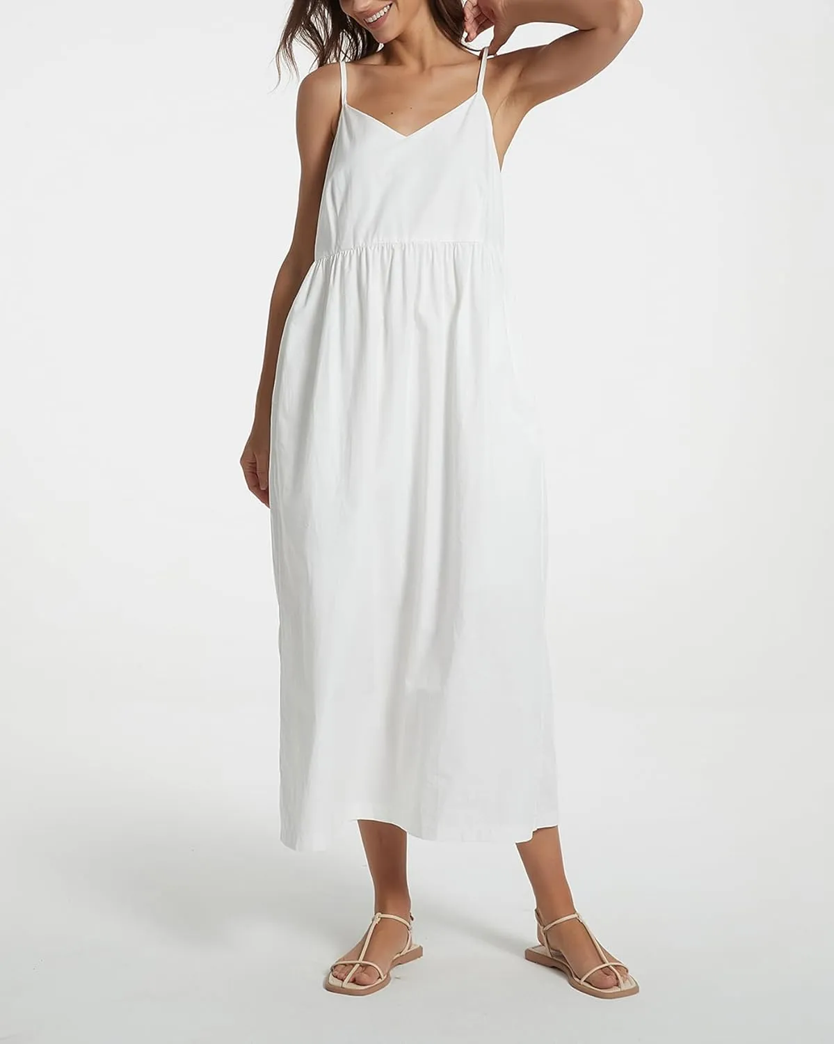 Spaghetti Strap Maxi Dress for Women Sleeveless V Neck Summer Flowy Cami Dress Beach Long Dresses with Pockets