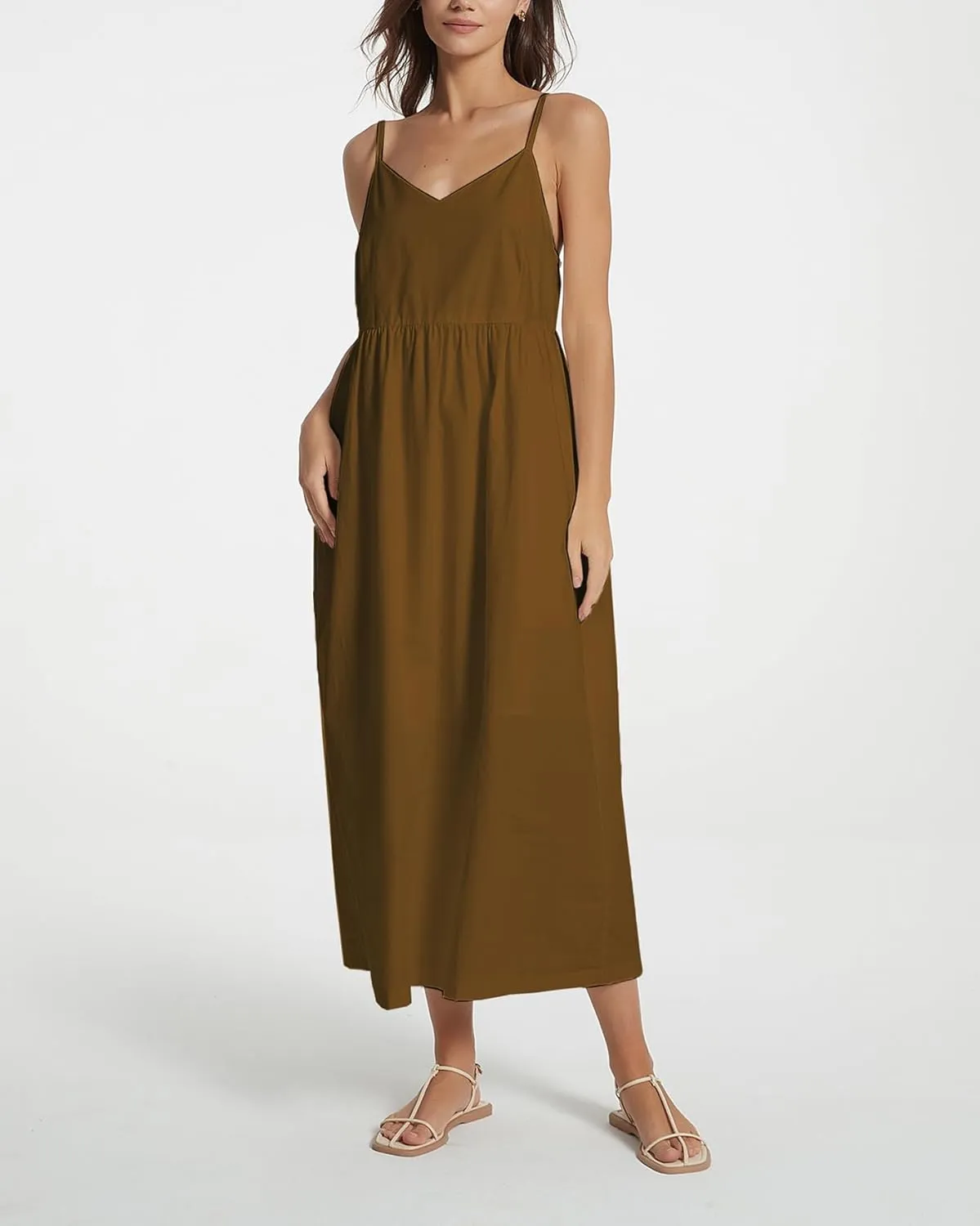 Spaghetti Strap Maxi Dress for Women Sleeveless V Neck Summer Flowy Cami Dress Beach Long Dresses with Pockets