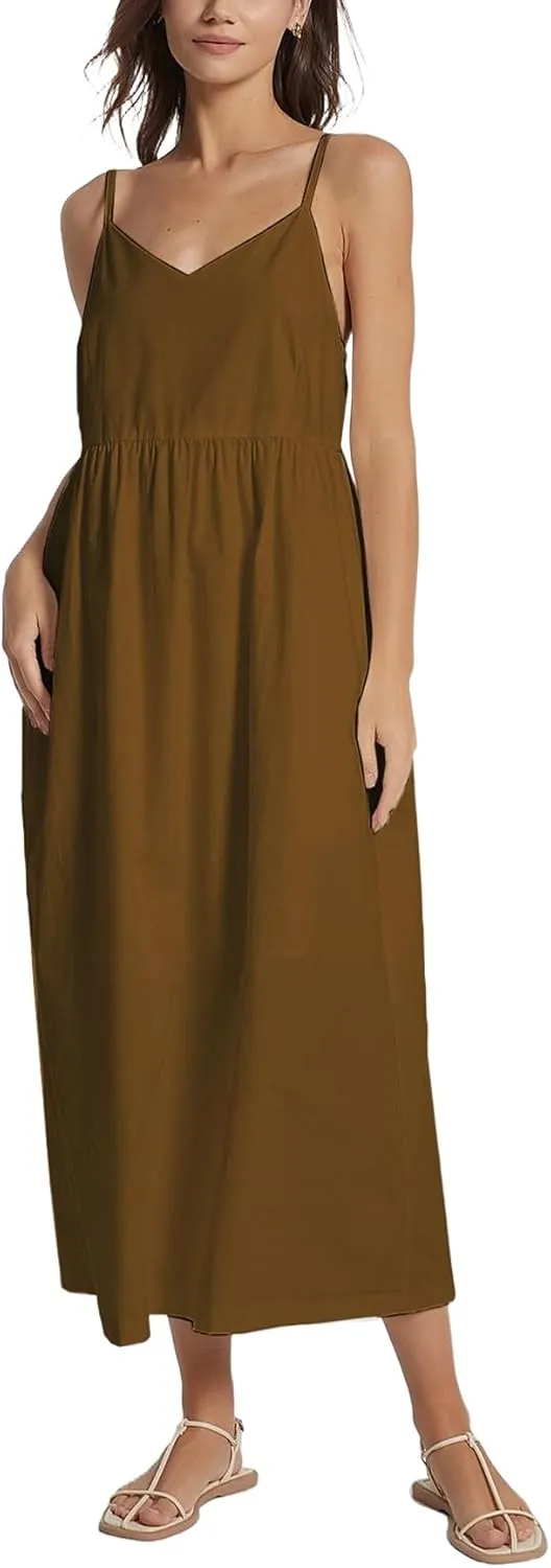 Spaghetti Strap Maxi Dress for Women Sleeveless V Neck Summer Flowy Cami Dress Beach Long Dresses with Pockets