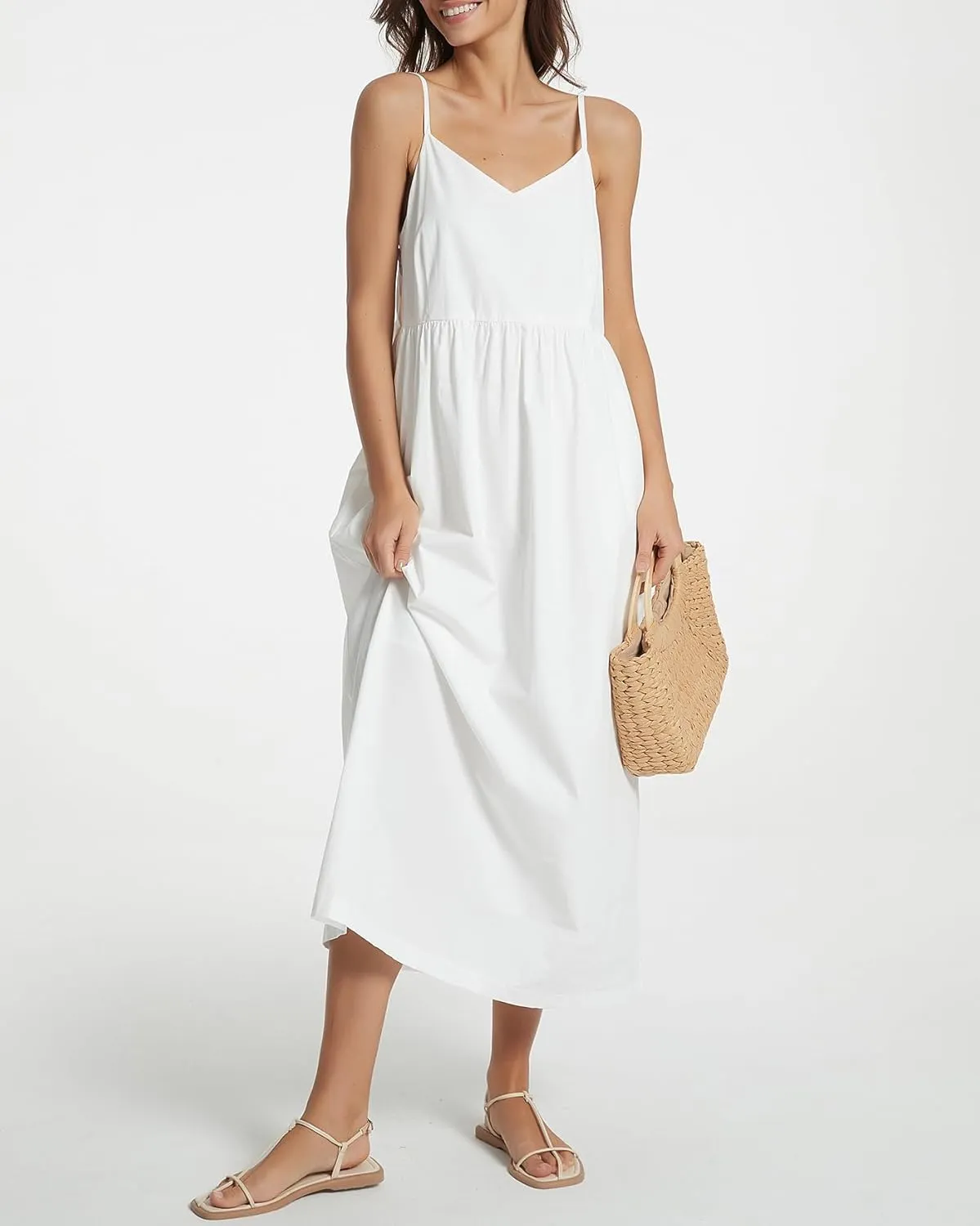 Spaghetti Strap Maxi Dress for Women Sleeveless V Neck Summer Flowy Cami Dress Beach Long Dresses with Pockets