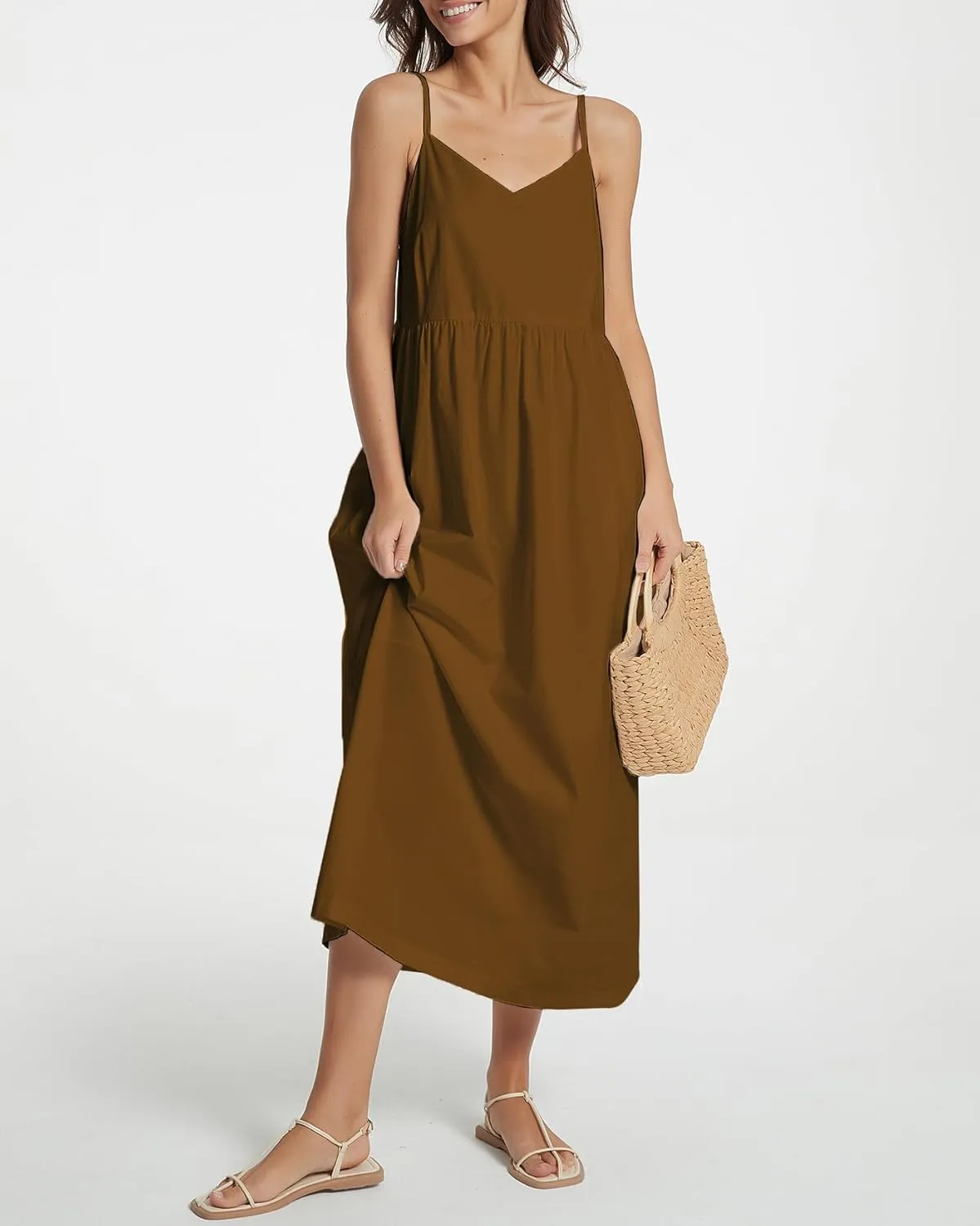 Spaghetti Strap Maxi Dress for Women Sleeveless V Neck Summer Flowy Cami Dress Beach Long Dresses with Pockets