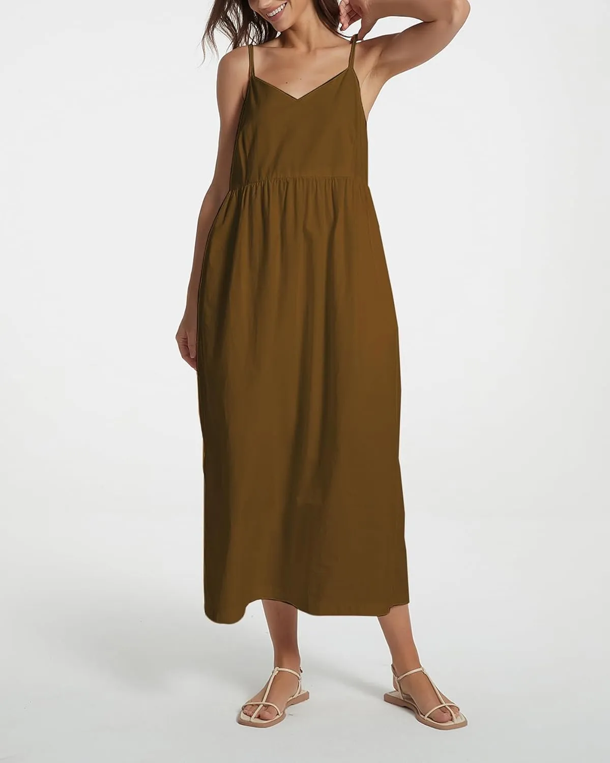 Spaghetti Strap Maxi Dress for Women Sleeveless V Neck Summer Flowy Cami Dress Beach Long Dresses with Pockets