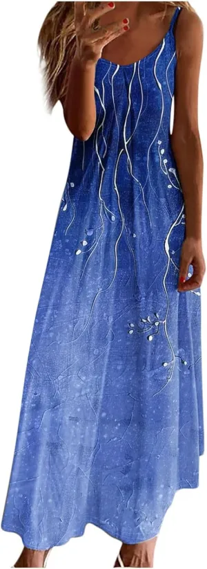 Spaghetti Strap Maxi Dresses for Women V Neck Sexy Casual Elegant Dress Summer Holiday Long Vintage Floral Sundress