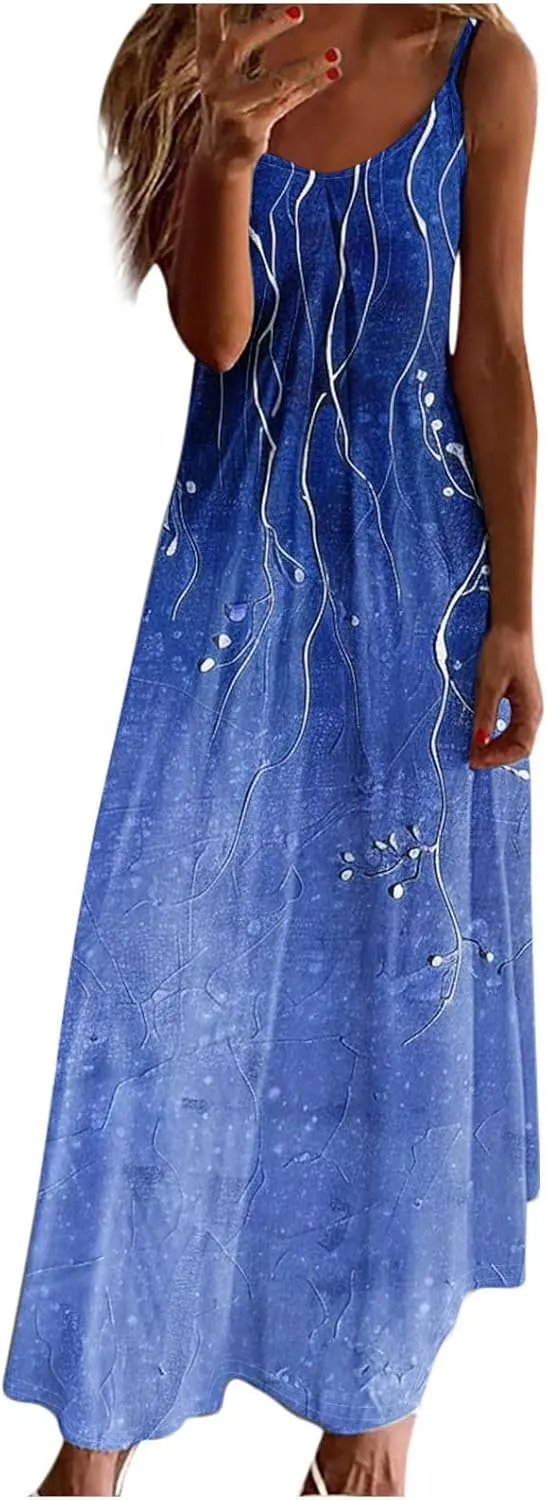 Spaghetti Strap Maxi Dresses for Women V Neck Sexy Casual Elegant Dress Summer Holiday Long Vintage Floral Sundress