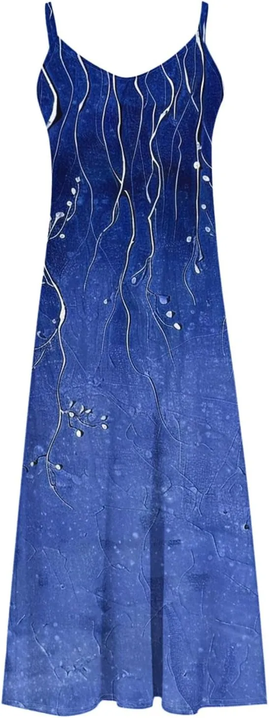 Spaghetti Strap Maxi Dresses for Women V Neck Sexy Casual Elegant Dress Summer Holiday Long Vintage Floral Sundress