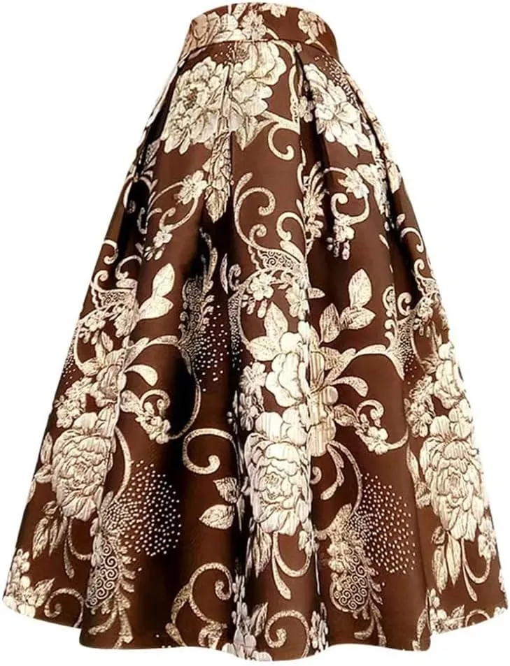Spring Autumn Vintage Elegant Floral Print Aesthetic Y2k Purple Rose Pleated Long Midi Skirt