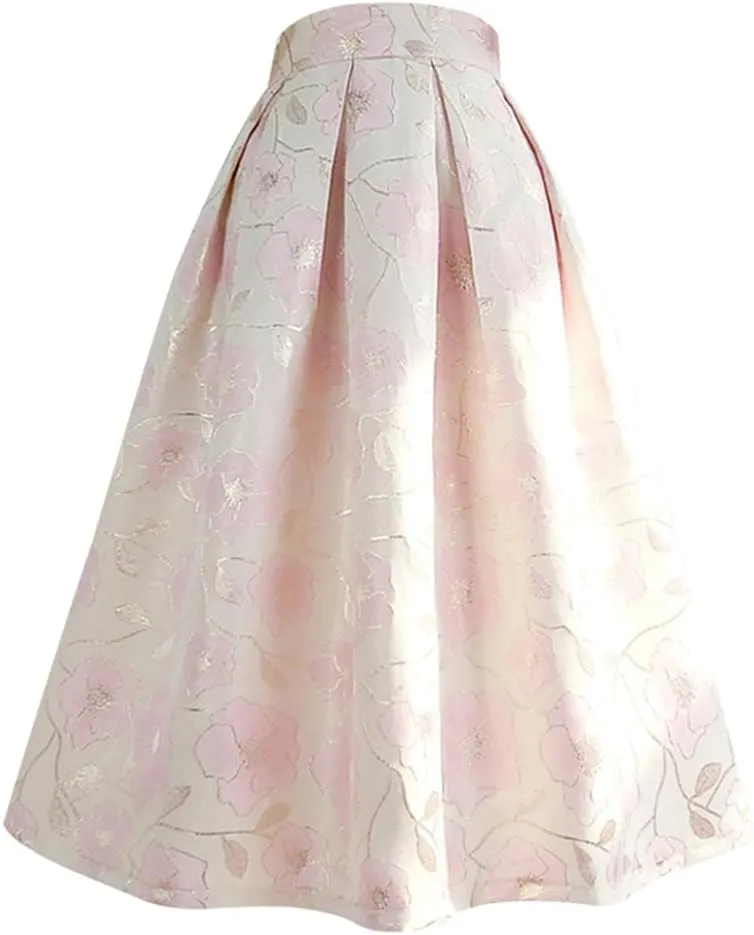 Spring Autumn Vintage Elegant Floral Print Aesthetic Y2k Purple Rose Pleated Long Midi Skirt