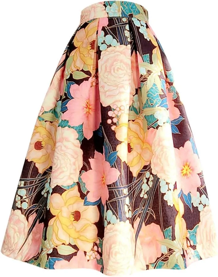Spring Autumn Vintage Elegant Floral Print Aesthetic Y2k Purple Rose Pleated Long Midi Skirt