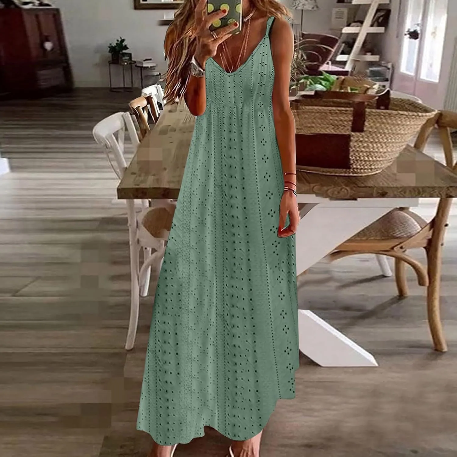 Spring Eyelet Dresses for Women 2025 Spaghetti Strap Maxi Dress Long Summer Sundresses Trendy Beach Vacation Clothing