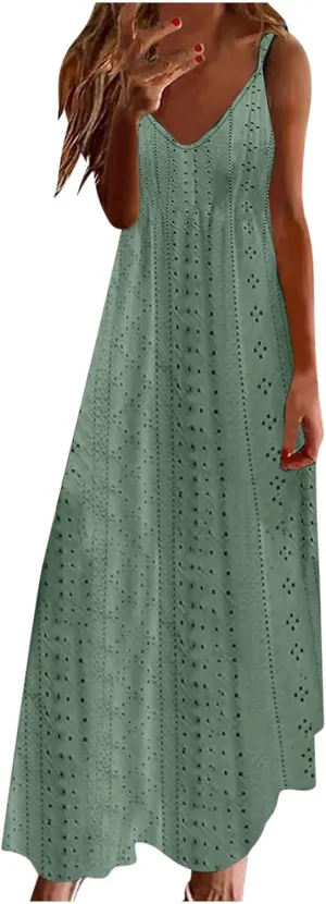 Spring Eyelet Dresses for Women 2025 Spaghetti Strap Maxi Dress Long Summer Sundresses Trendy Beach Vacation Clothing