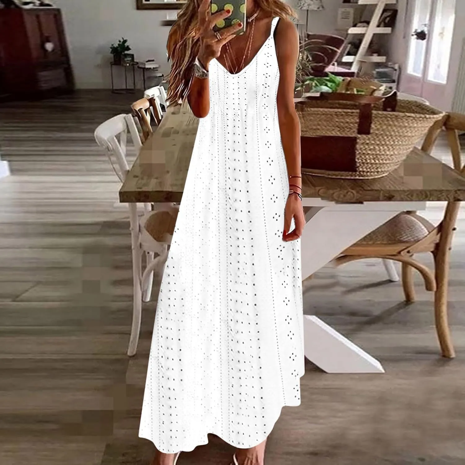 Spring Eyelet Dresses for Women 2025 Spaghetti Strap Maxi Dress Long Summer Sundresses Trendy Beach Vacation Clothing