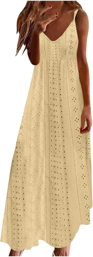 Spring Eyelet Dresses for Women 2025 Spaghetti Strap Maxi Dress Long Summer Sundresses Trendy Beach Vacation Clothing