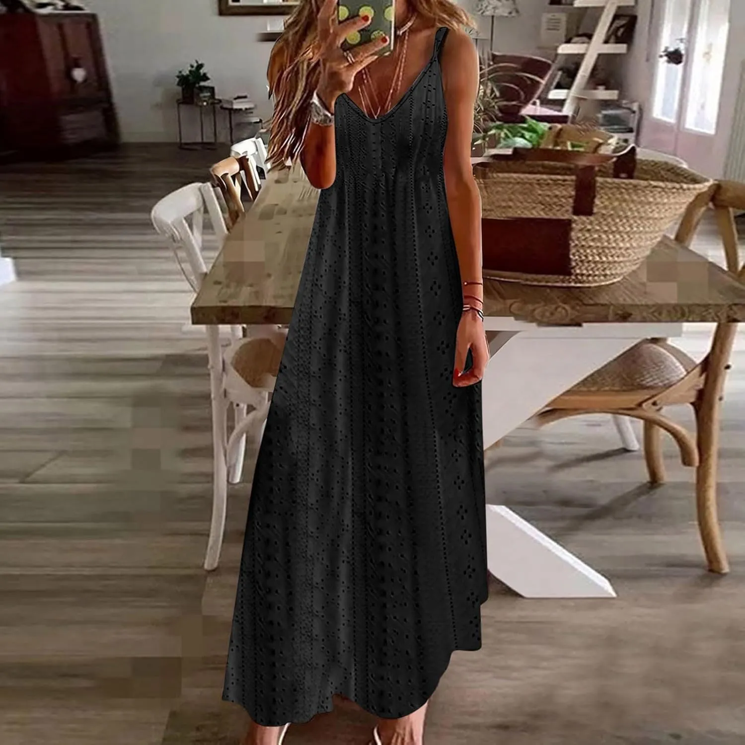 Spring Eyelet Dresses for Women 2025 Spaghetti Strap Maxi Dress Long Summer Sundresses Trendy Beach Vacation Clothing