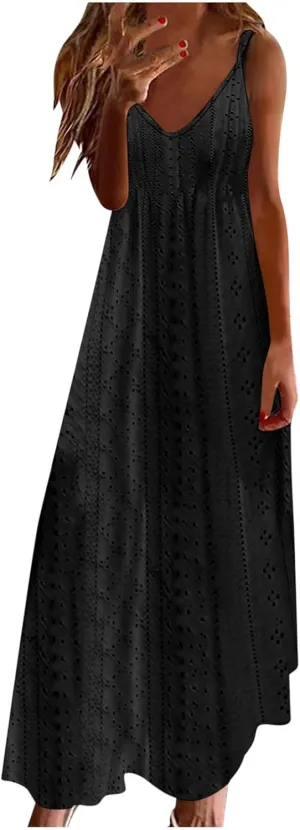 Spring Eyelet Dresses for Women 2025 Spaghetti Strap Maxi Dress Long Summer Sundresses Trendy Beach Vacation Clothing
