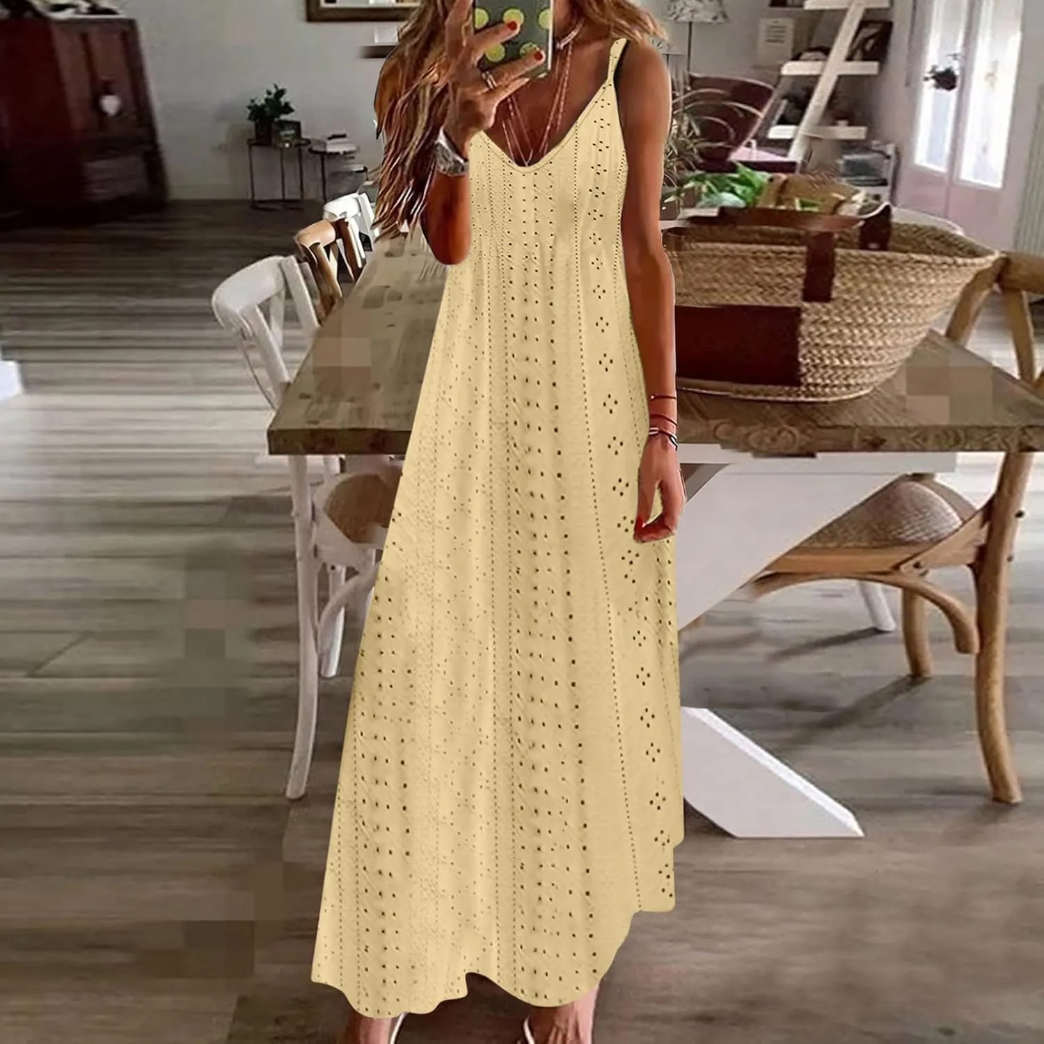 Spring Eyelet Dresses for Women 2025 Spaghetti Strap Maxi Dress Long Summer Sundresses Trendy Beach Vacation Clothing