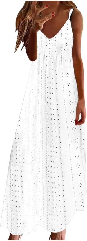 Spring Eyelet Dresses for Women 2025 Spaghetti Strap Maxi Dress Long Summer Sundresses Trendy Beach Vacation Clothing