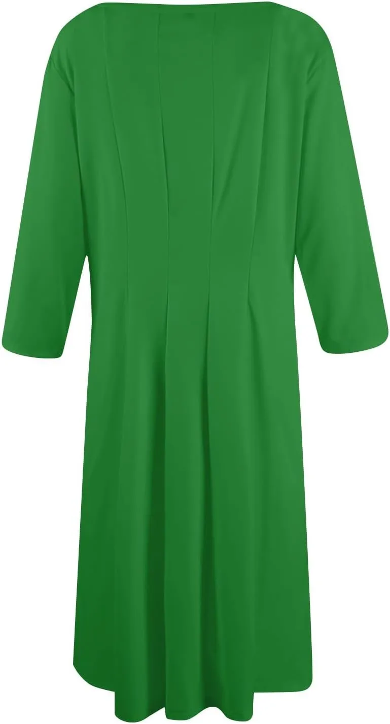 Spring Midi A Line Dresses for Women 3/4 Length Sleeve Cinched Waist Dress Crew Neck Dresses Dress with Pocket
