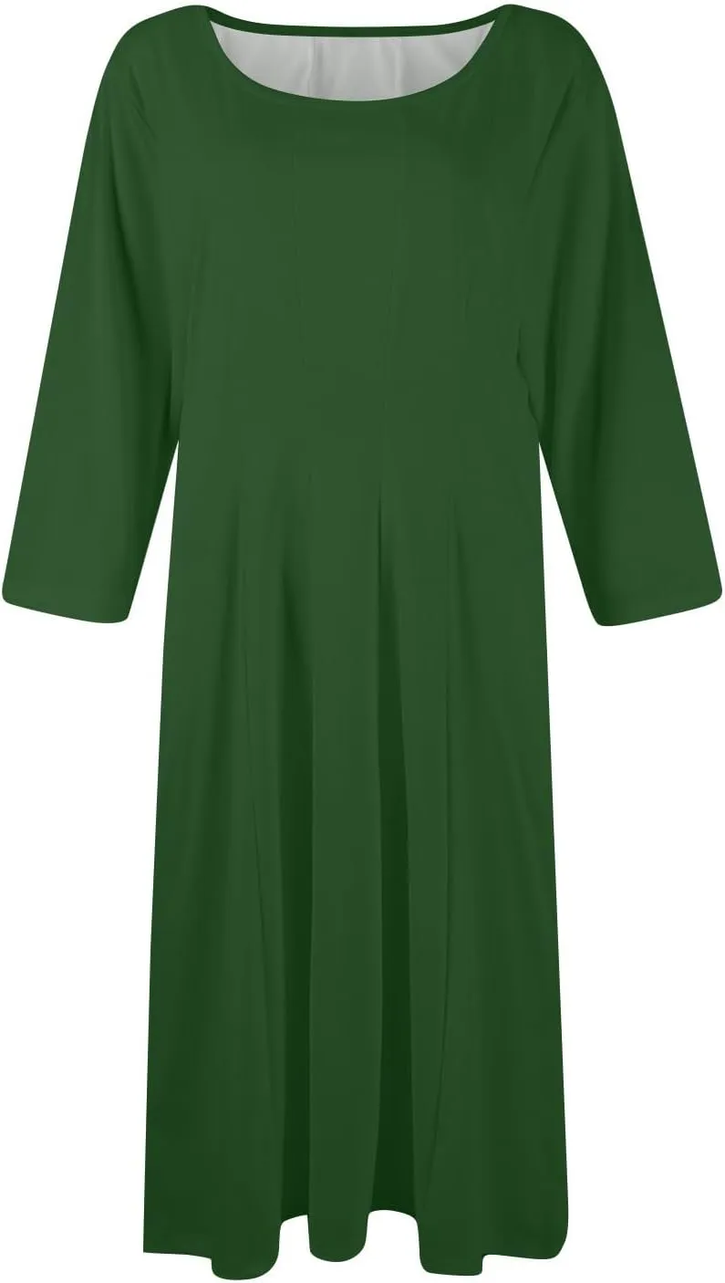 Spring Midi A Line Dresses for Women 3/4 Length Sleeve Cinched Waist Dress Crew Neck Dresses Dress with Pocket