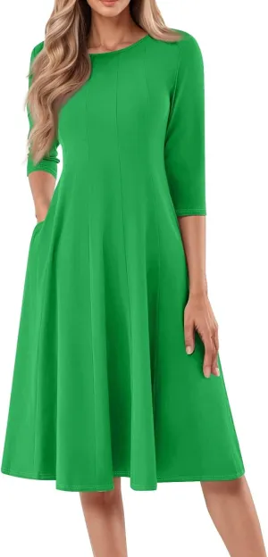 Spring Midi A Line Dresses for Women 3/4 Length Sleeve Cinched Waist Dress Crew Neck Dresses Dress with Pocket