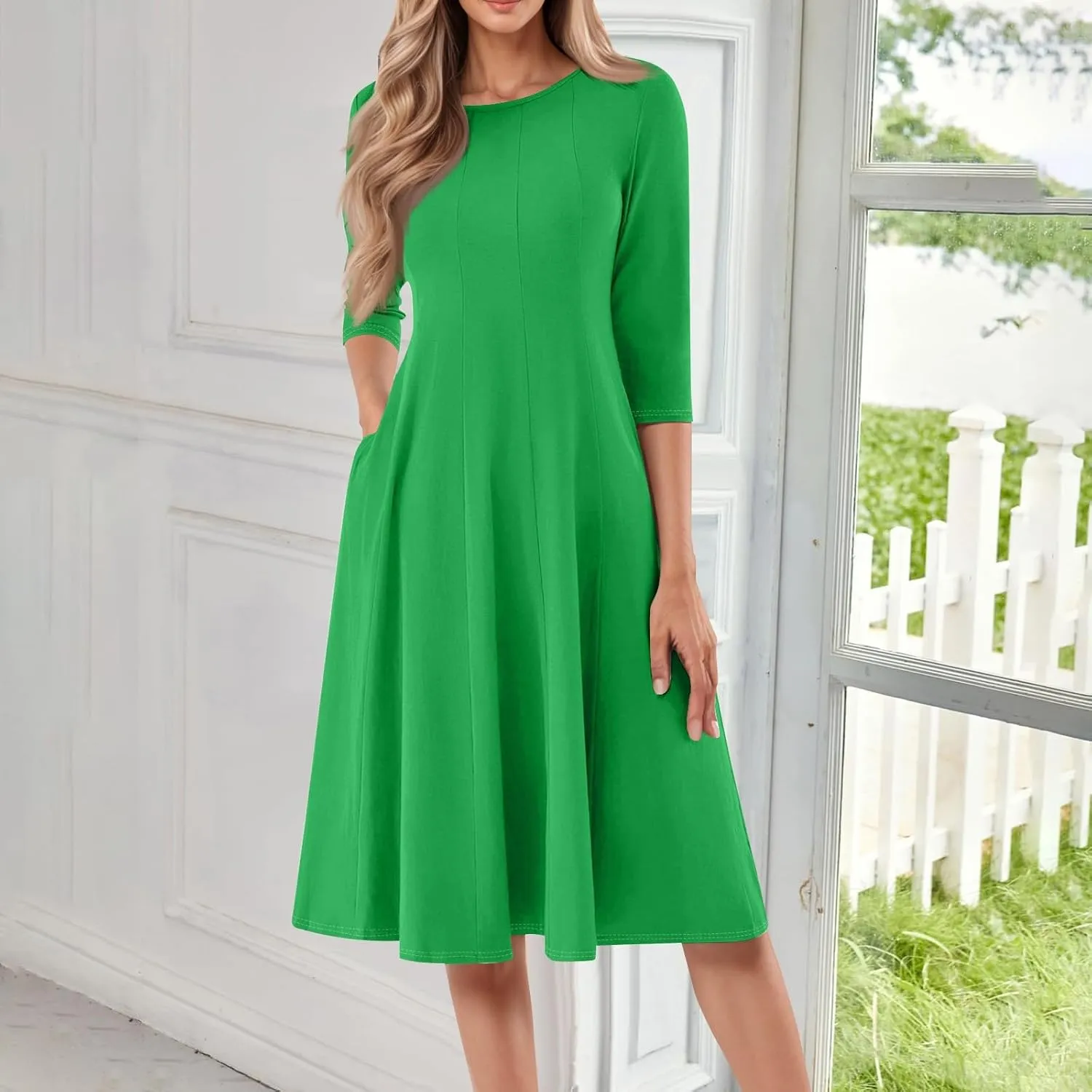 Spring Midi A Line Dresses for Women 3/4 Length Sleeve Cinched Waist Dress Crew Neck Dresses Dress with Pocket