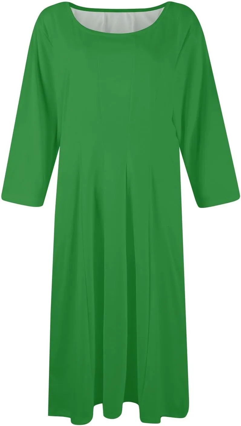 Spring Midi A Line Dresses for Women 3/4 Length Sleeve Cinched Waist Dress Crew Neck Dresses Dress with Pocket