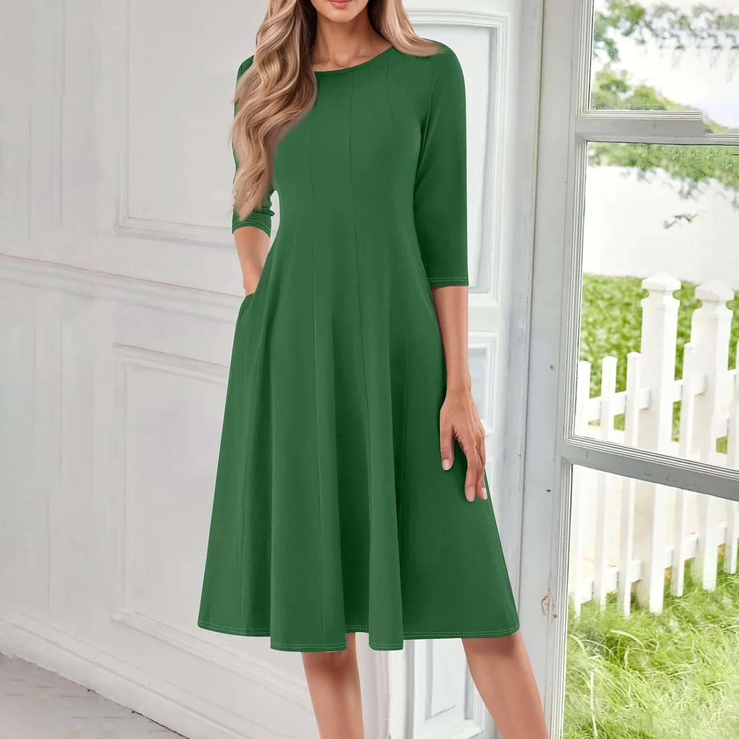 Spring Midi A Line Dresses for Women 3/4 Length Sleeve Cinched Waist Dress Crew Neck Dresses Dress with Pocket