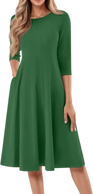 Spring Midi A Line Dresses for Women 3/4 Length Sleeve Cinched Waist Dress Crew Neck Dresses Dress with Pocket