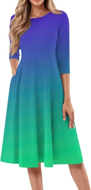 Spring Midi A Line Dresses for Women 3/4 Length Sleeve Cinched Waist Dress Crew Neck Dresses Dress with Pocket
