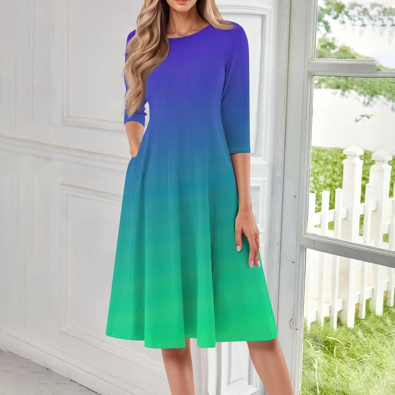 Spring Midi A Line Dresses for Women 3/4 Length Sleeve Cinched Waist Dress Crew Neck Dresses Dress with Pocket