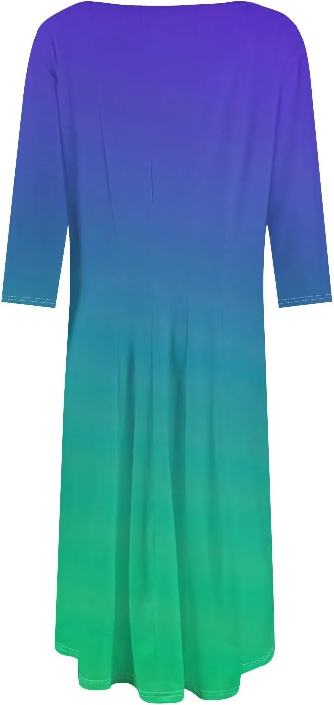 Spring Midi A Line Dresses for Women 3/4 Length Sleeve Cinched Waist Dress Crew Neck Dresses Dress with Pocket