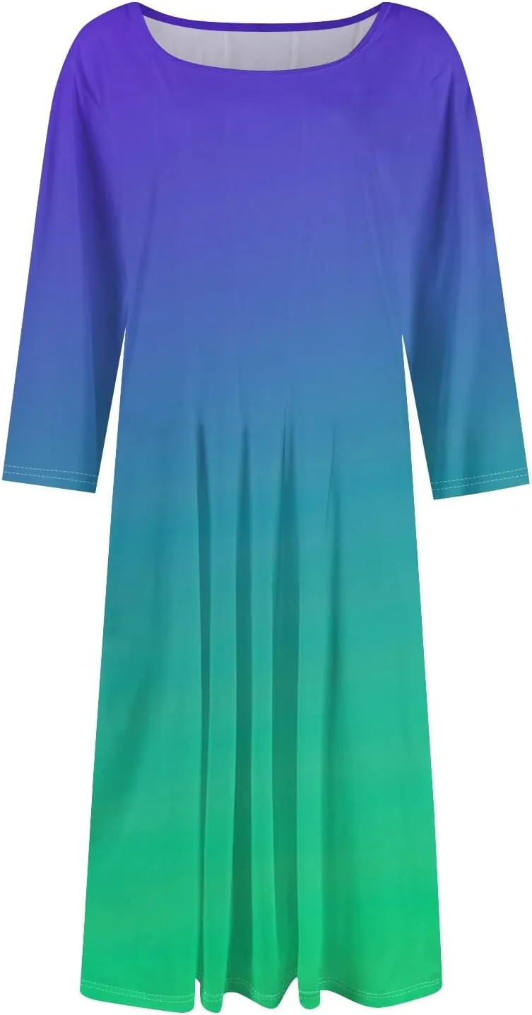 Spring Midi A Line Dresses for Women 3/4 Length Sleeve Cinched Waist Dress Crew Neck Dresses Dress with Pocket
