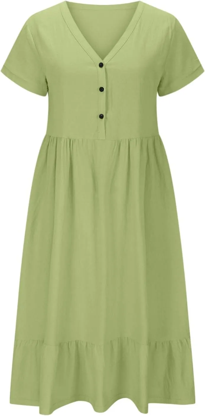 Spring Summer Beachwear Dresses for Women Fashion 2025 Comfy Soft Solid Color Short Sleeve V-Neck Vacation Dress