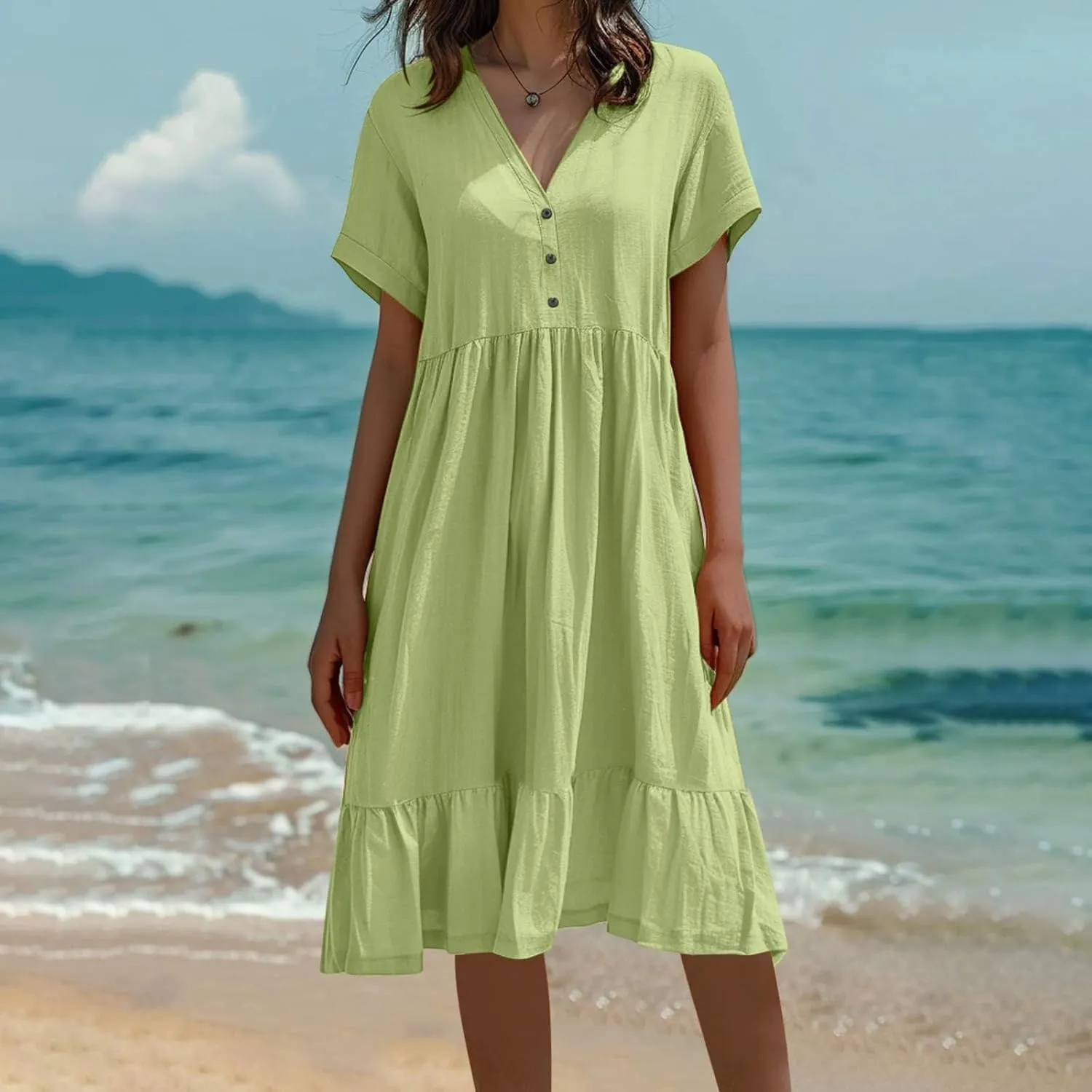 Spring Summer Beachwear Dresses for Women Fashion 2025 Comfy Soft Solid Color Short Sleeve V-Neck Vacation Dress