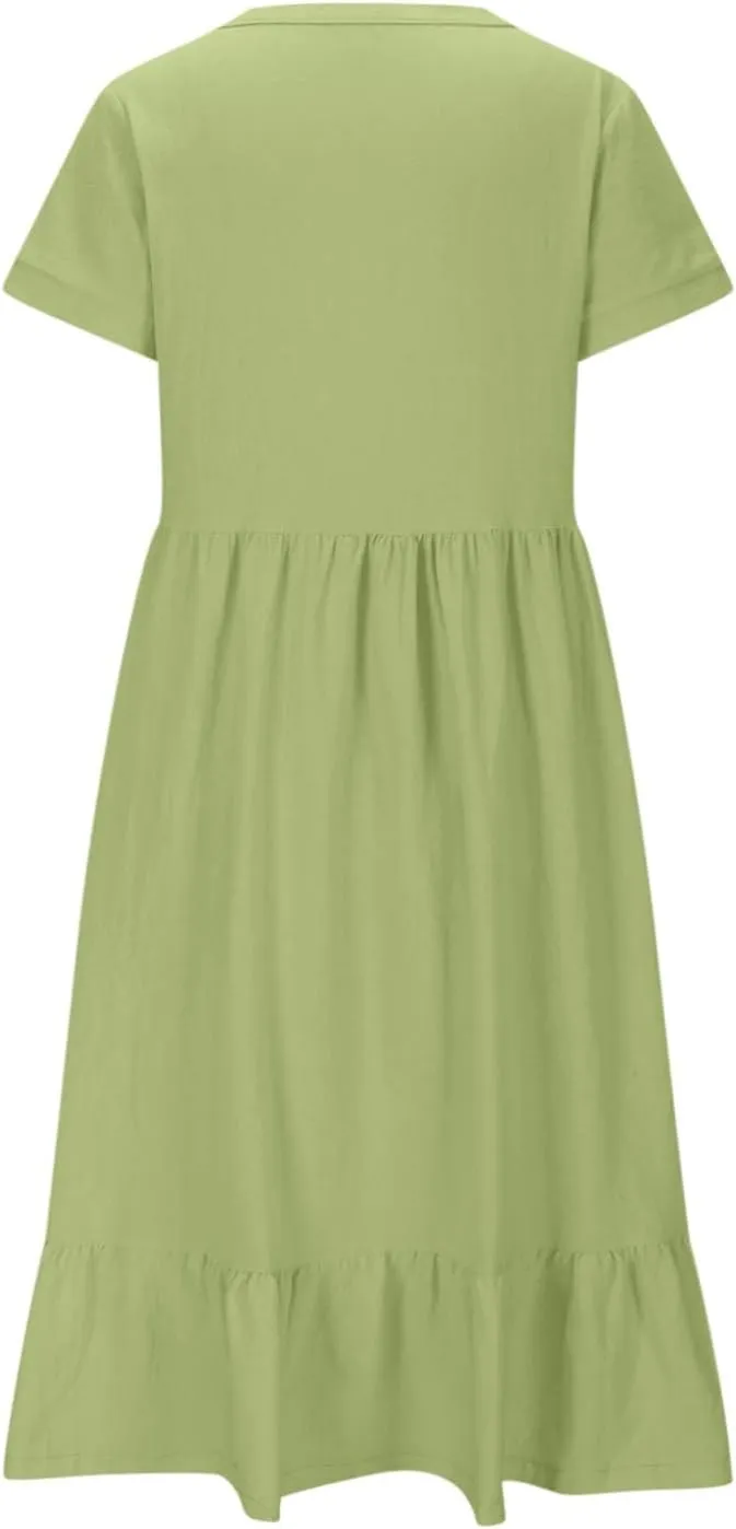 Spring Summer Beachwear Dresses for Women Fashion 2025 Comfy Soft Solid Color Short Sleeve V-Neck Vacation Dress