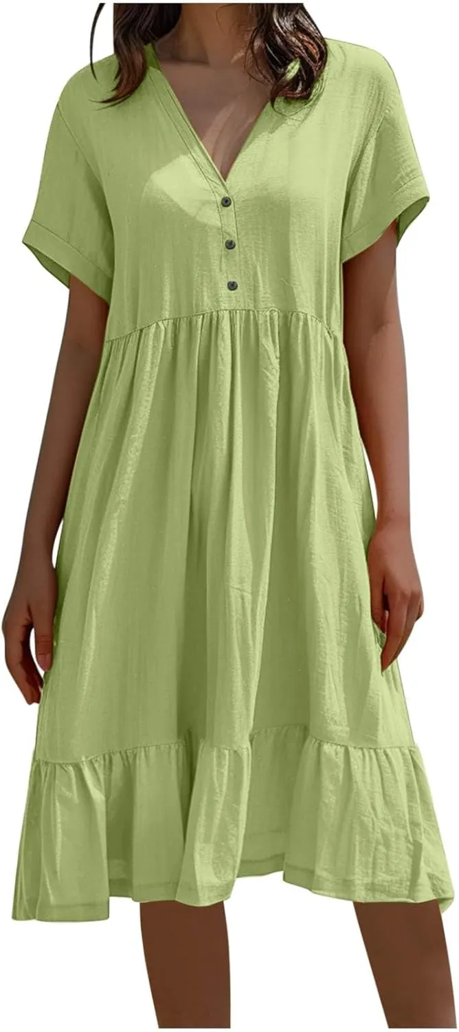 Spring Summer Beachwear Dresses for Women Fashion 2025 Comfy Soft Solid Color Short Sleeve V-Neck Vacation Dress