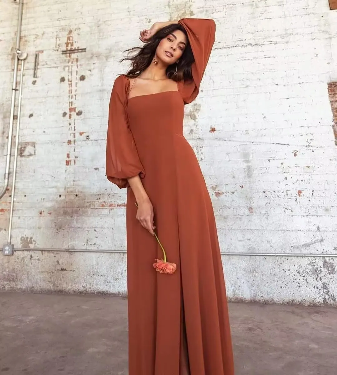 Square Neck Long Sleeve Chiffon Bridesmaid Dresses for Women Fall Wedding Guest Slit Formal Prom Evening Gown
