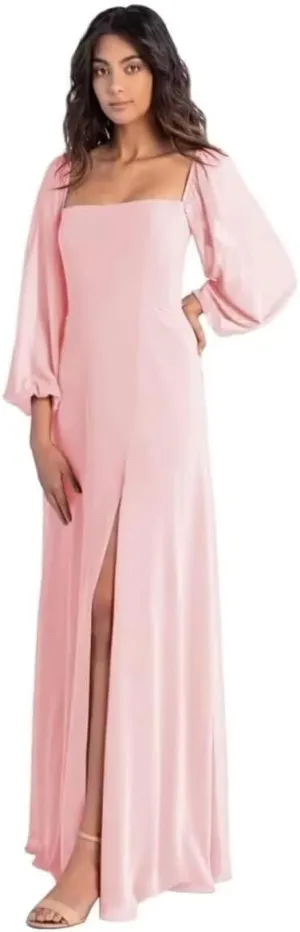 Square Neck Long Sleeve Chiffon Bridesmaid Dresses for Women Fall Wedding Guest Slit Formal Prom Evening Gown