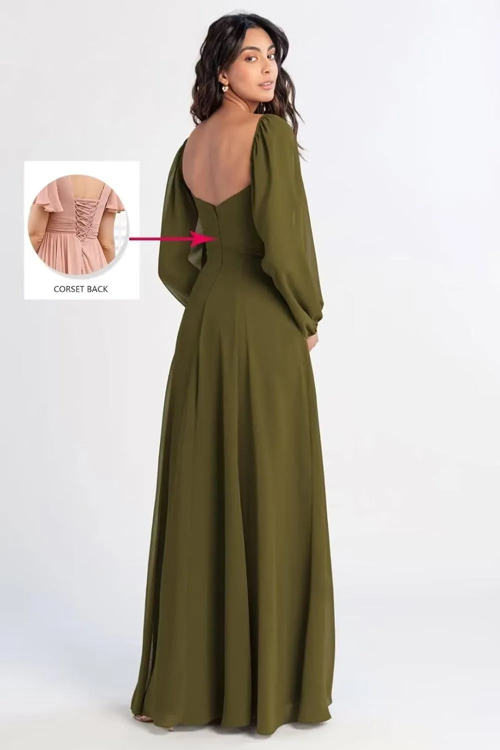 Square Neck Long Sleeve Chiffon Bridesmaid Dresses for Women Fall Wedding Guest Slit Formal Prom Evening Gown