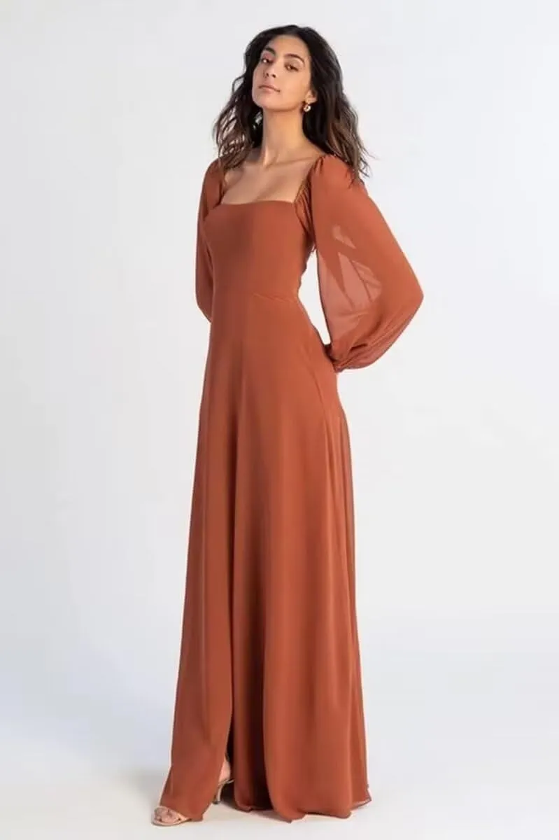 Square Neck Long Sleeve Chiffon Bridesmaid Dresses for Women Fall Wedding Guest Slit Formal Prom Evening Gown
