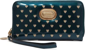 Starz Art Retro Vegan Leather Designer Women's Wallet with Rhinestone Accents, Heart Design Patent Leather Wristlet (Blue)
