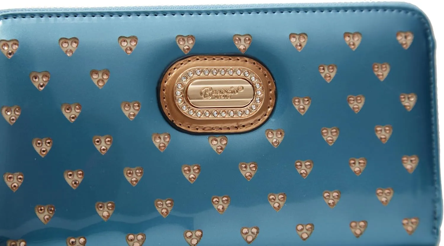 Starz Art Retro Vegan Leather Designer Women's Wallet with Rhinestone Accents, Heart Design Patent Leather Wristlet (Champagne)