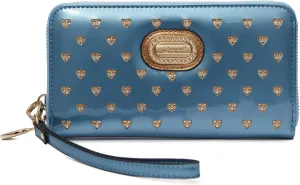 Starz Art Retro Vegan Leather Designer Women's Wallet with Rhinestone Accents, Heart Design Patent Leather Wristlet (Light Blue)