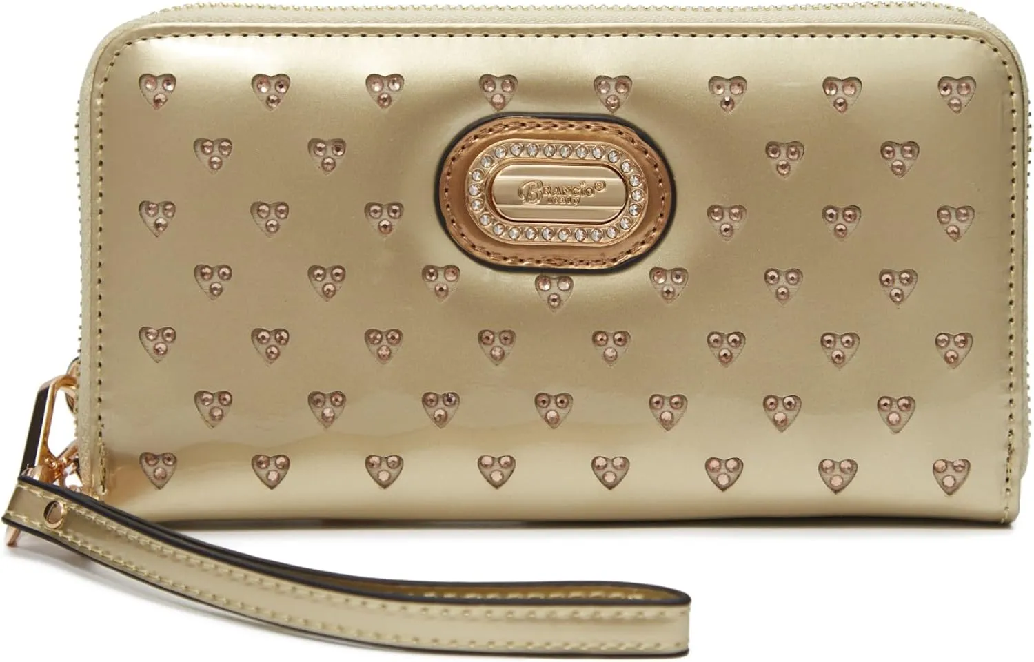 Starz Art Retro Vegan Leather Designer Women's Wallet with Rhinestone Accents, Heart Design Patent Leather Wristlet (Pearl White)